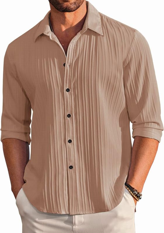 DEELMO Men's Casual Button Down Shirts Long Sleeve Linen Shirt Fashion Textured Beach Summer Shirt