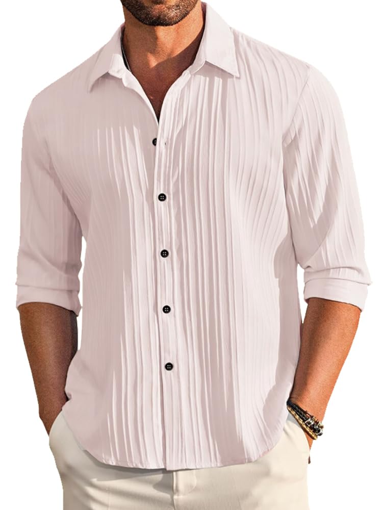 DEELMO Men's Casual Button Down Shirts Long Sleeve Linen Shirt Fashion Textured Beach Summer Shirt
