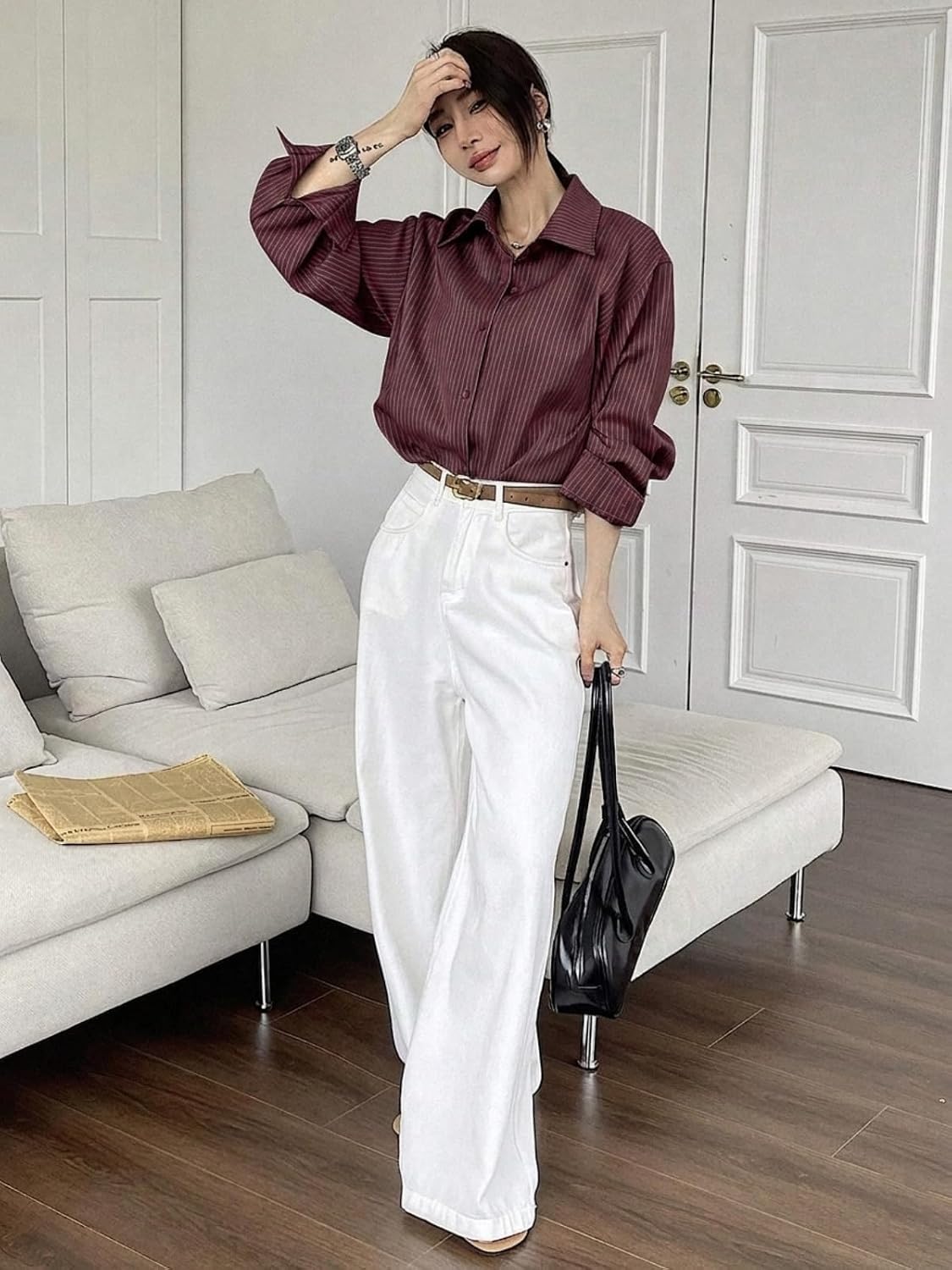 GRECIILOOKS Striped Shirt for Women | Korean Style Full Sleeve Oversized Button Down Shirts | Tops for Women | Shirt for Woman | Plus Size Top for Office & Casual Outfit