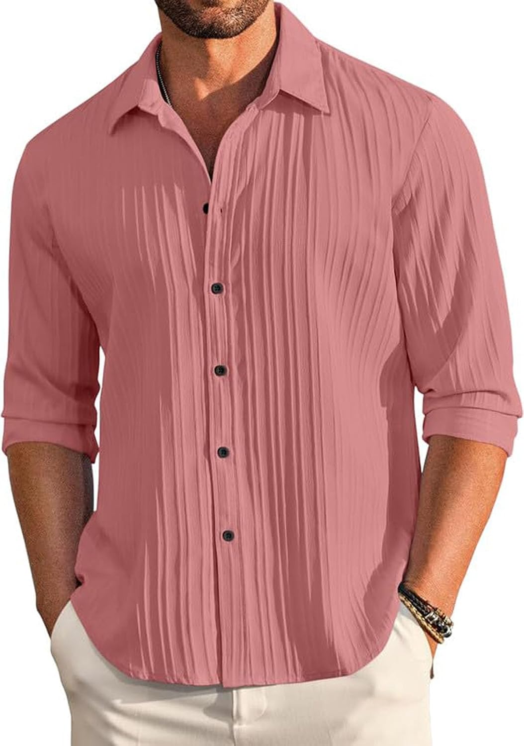 DEELMO Men's Casual Button Down Shirts Long Sleeve Linen Shirt Fashion Textured Beach Summer Shirt