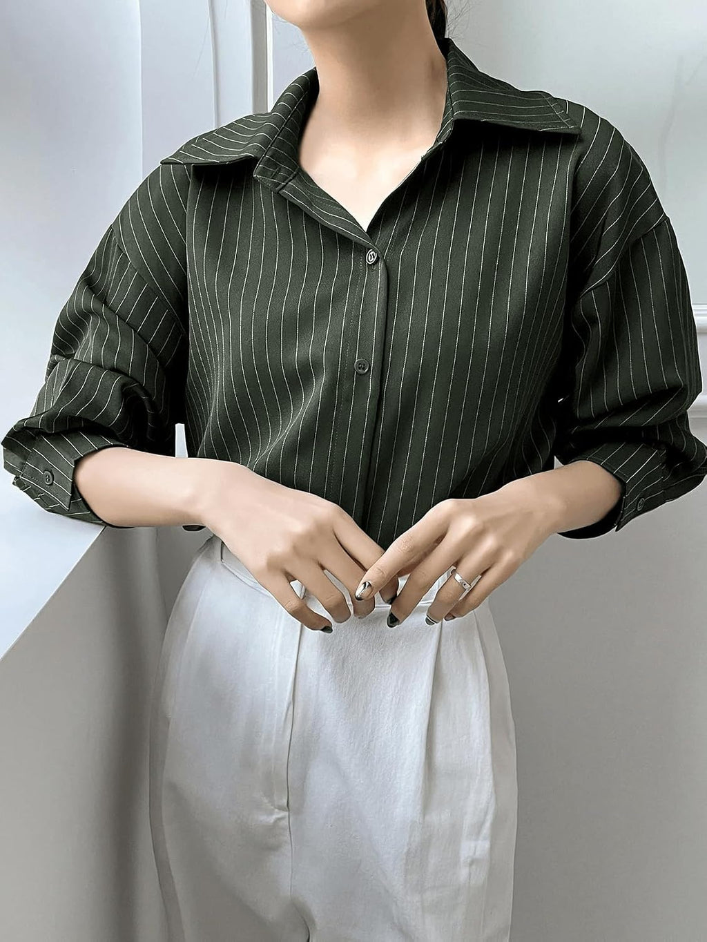 GRECIILOOKS Striped Shirt for Women | Korean Style Full Sleeve Oversized Button Down Shirts | Tops for Women | Shirt for Woman | Plus Size Top for Office & Casual Outfit