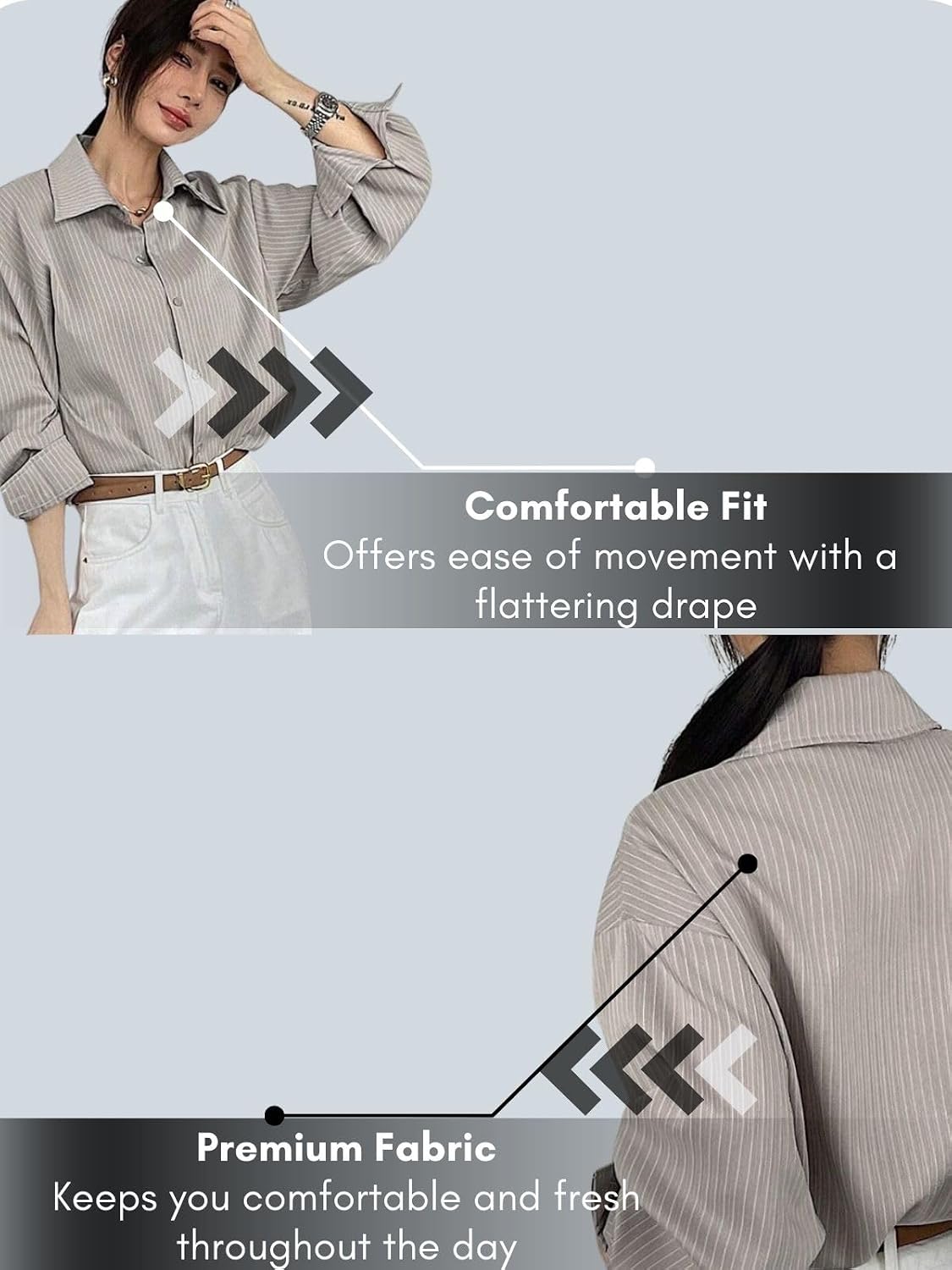 GRECIILOOKS Striped Shirt for Women | Korean Style Full Sleeve Oversized Button Down Shirts | Tops for Women | Shirt for Woman | Plus Size Top for Office & Casual Outfit