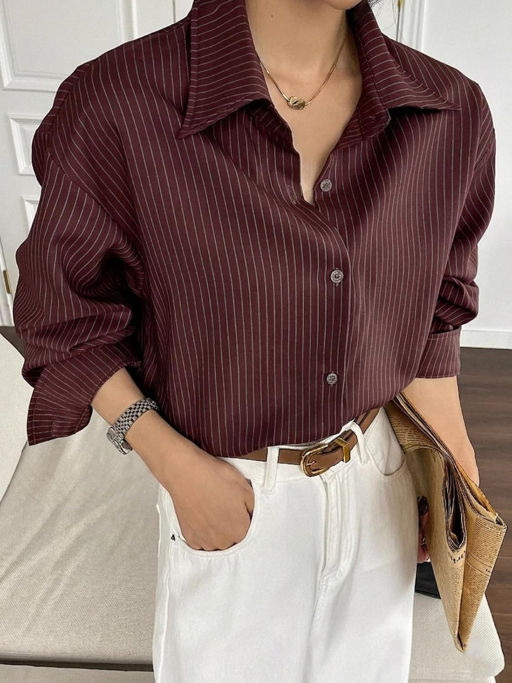GRECIILOOKS Striped Shirt for Women | Korean Style Full Sleeve Oversized Button Down Shirts | Tops for Women | Shirt for Woman | Plus Size Top for Office & Casual Outfit