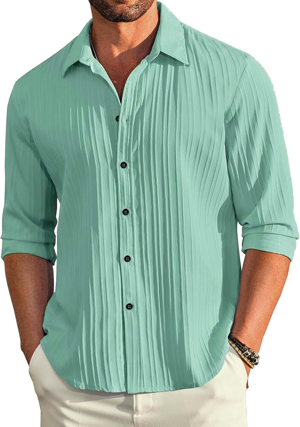 DEELMO Men's Casual Button Down Shirts Long Sleeve Linen Shirt Fashion Textured Beach Summer Shirt