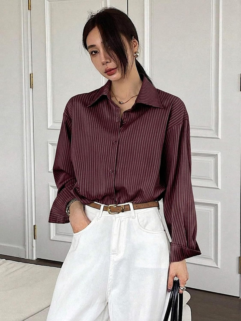 GRECIILOOKS Striped Shirt for Women | Korean Style Full Sleeve Oversized Button Down Shirts | Tops for Women | Shirt for Woman | Plus Size Top for Office & Casual Outfit