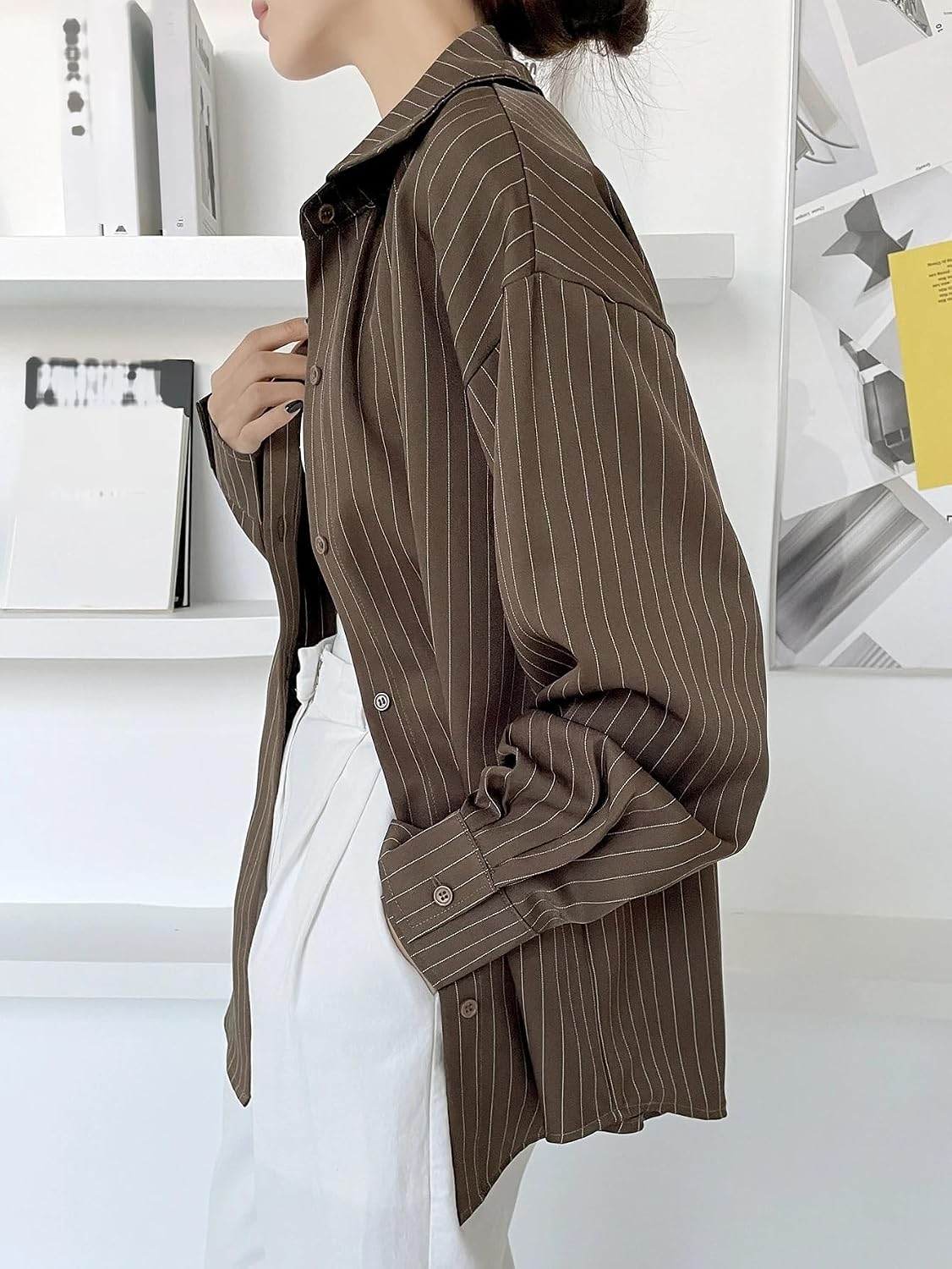 GRECIILOOKS Striped Shirt for Women | Korean Style Full Sleeve Oversized Button Down Shirts | Tops for Women | Shirt for Woman | Plus Size Top for Office & Casual Outfit