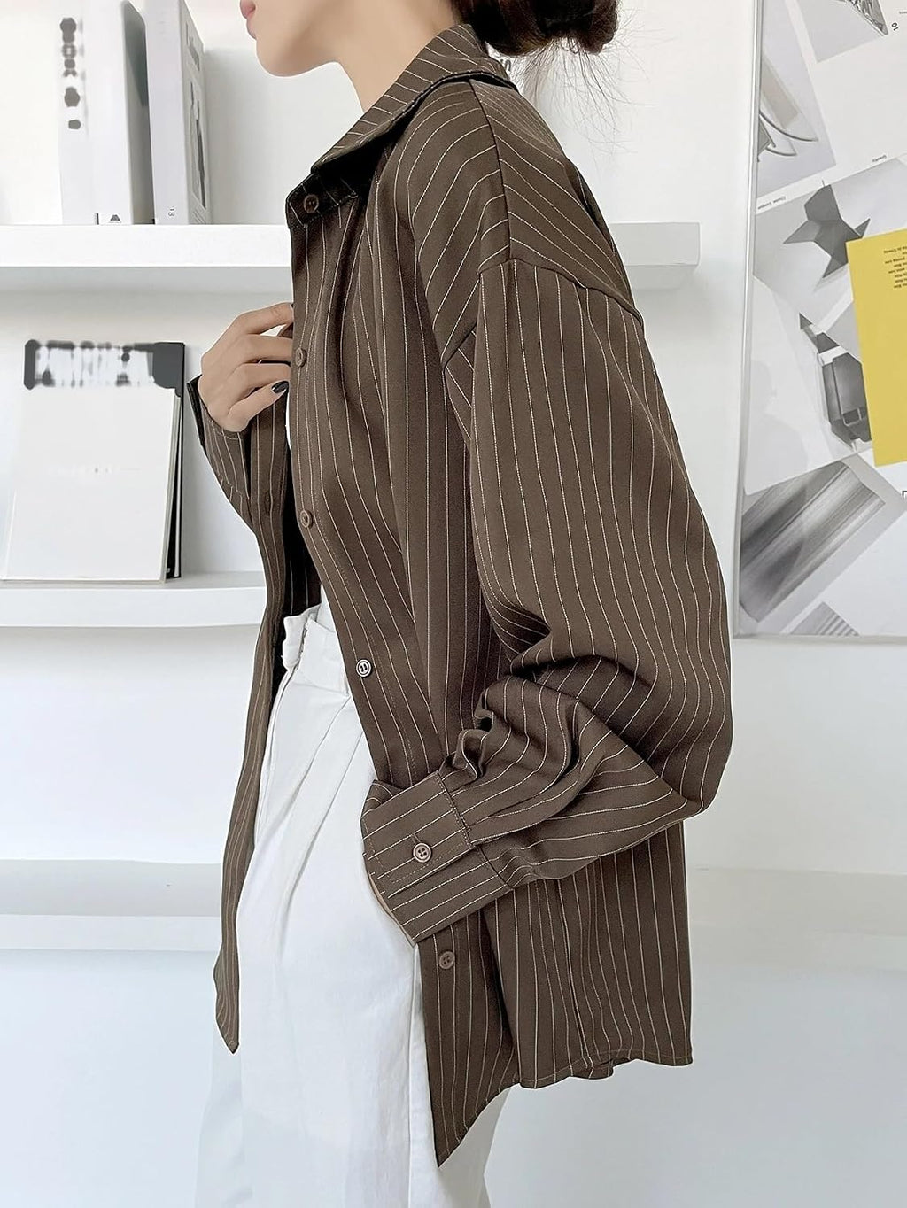 GRECIILOOKS Striped Shirt for Women | Korean Style Full Sleeve Oversized Button Down Shirts | Tops for Women | Shirt for Woman | Plus Size Top for Office & Casual Outfit