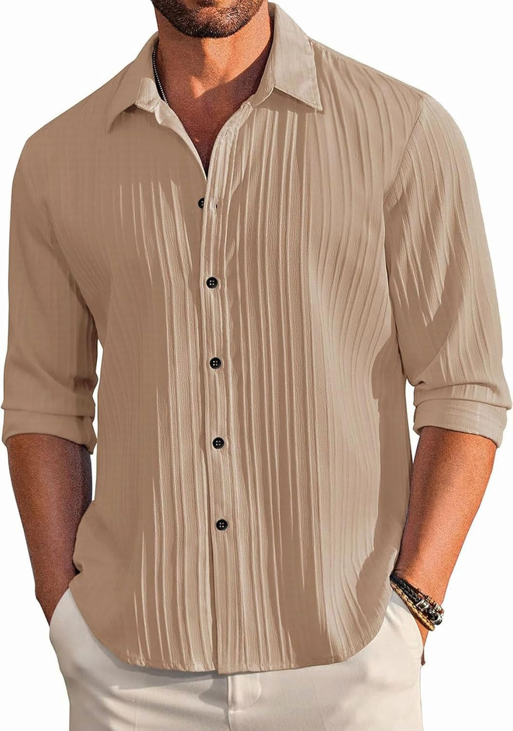 DEELMO Men's Casual Button Down Shirts Long Sleeve Linen Shirt Fashion Textured Beach Summer Shirt