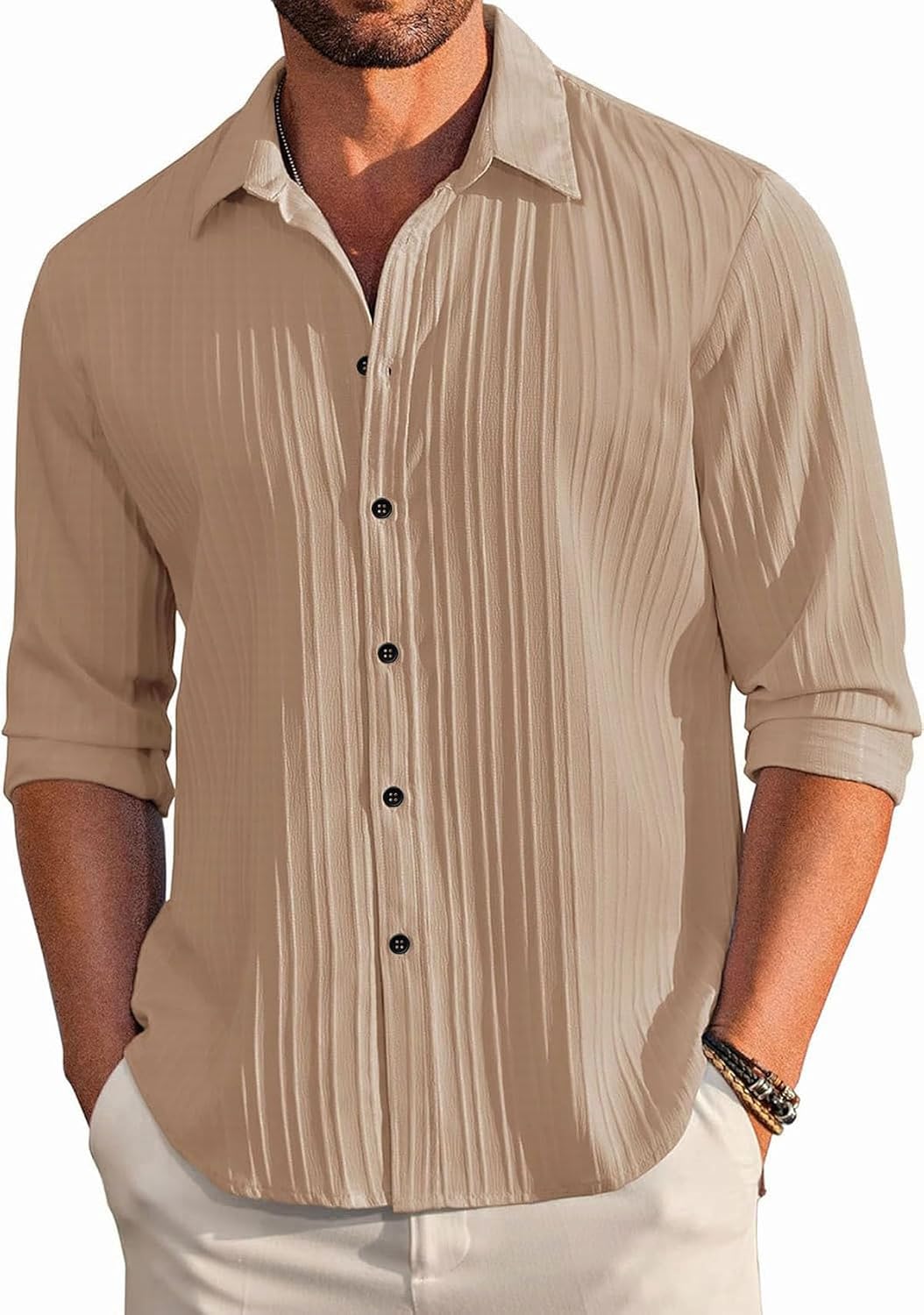 DEELMO Men's Casual Button Down Shirts Long Sleeve Linen Shirt Fashion Textured Beach Summer Shirt