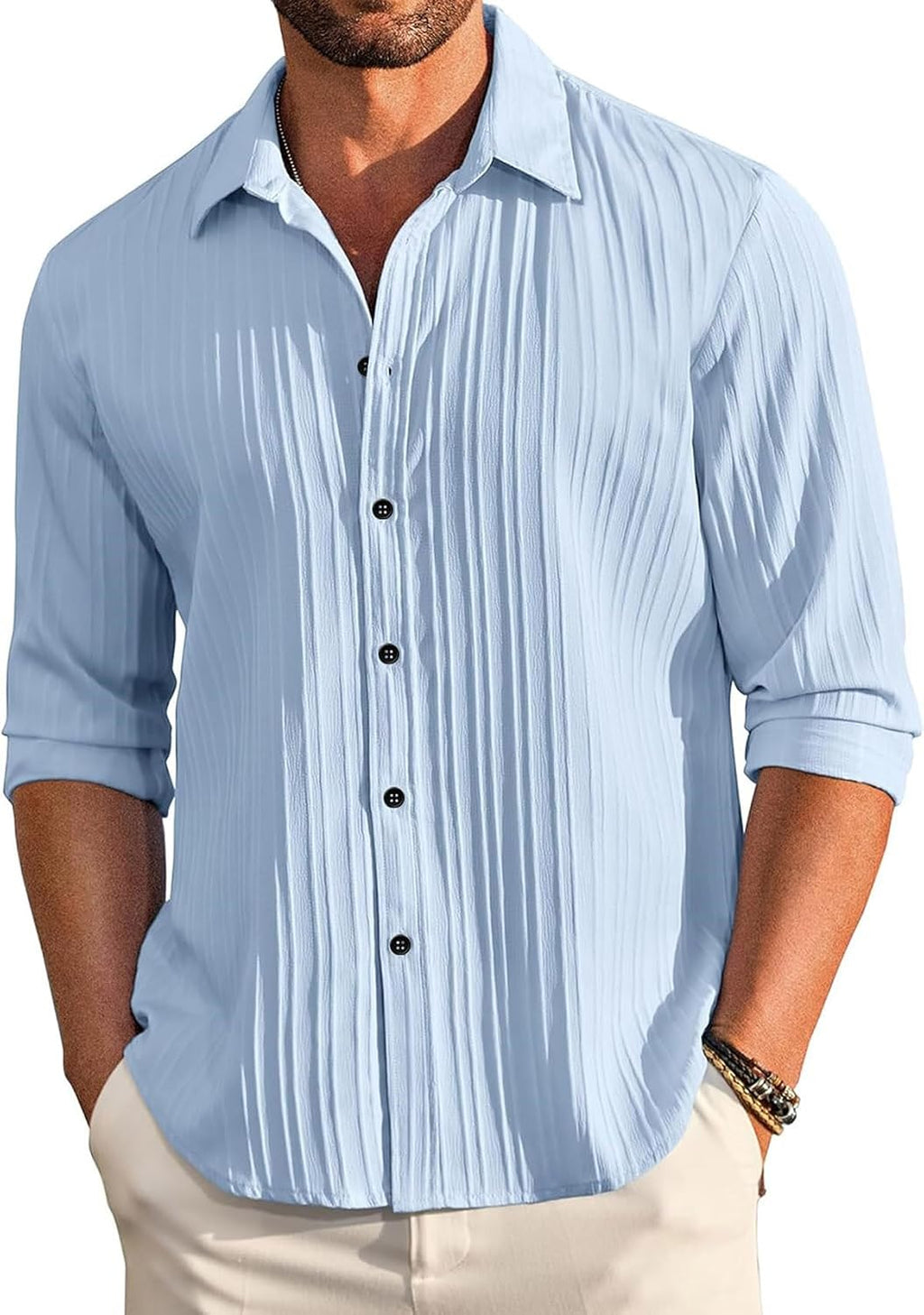 DEELMO Men's Casual Button Down Shirts Long Sleeve Linen Shirt Fashion Textured Beach Summer Shirt