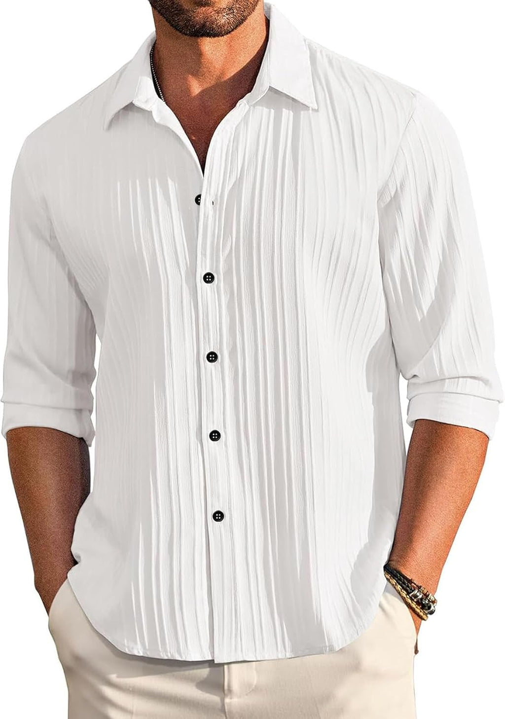 DEELMO Men's Casual Button Down Shirts Long Sleeve Linen Shirt Fashion Textured Beach Summer Shirt