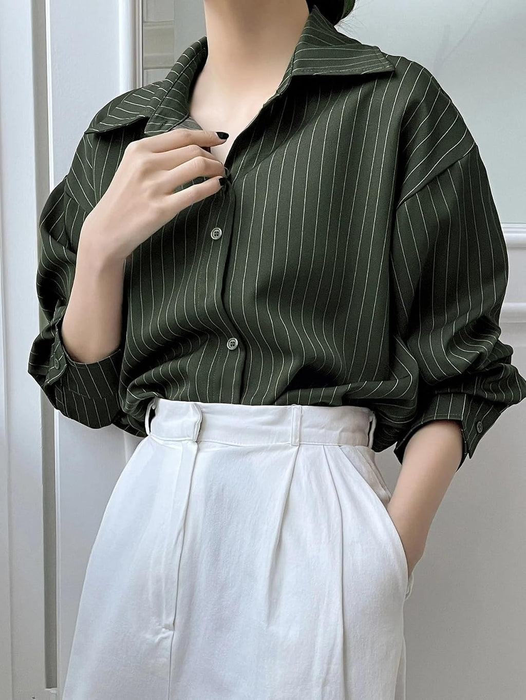 GRECIILOOKS Striped Shirt for Women | Korean Style Full Sleeve Oversized Button Down Shirts | Tops for Women | Shirt for Woman | Plus Size Top for Office & Casual Outfit