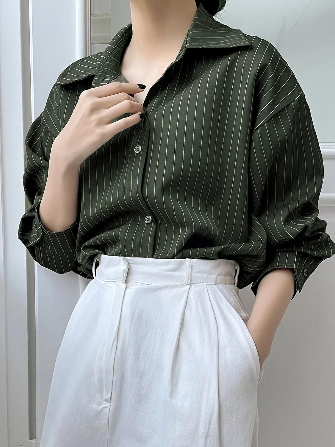 GRECIILOOKS Striped Shirt for Women | Korean Style Full Sleeve Oversized Button Down Shirts | Tops for Women | Shirt for Woman | Plus Size Top for Office & Casual Outfit