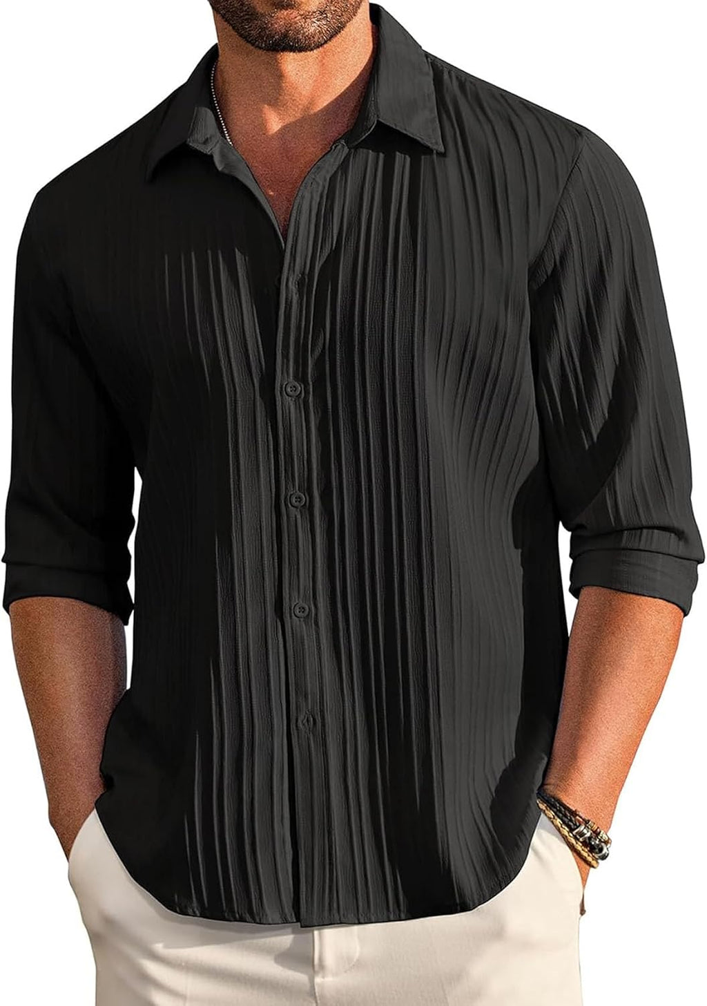 DEELMO Men's Casual Button Down Shirts Long Sleeve Linen Shirt Fashion Textured Beach Summer Shirt