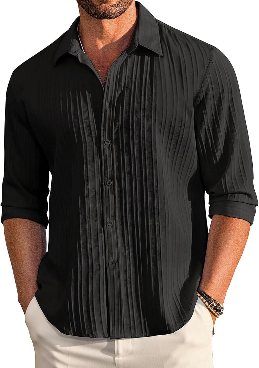 DEELMO Men's Casual Button Down Shirts Long Sleeve Linen Shirt Fashion Textured Beach Summer Shirt