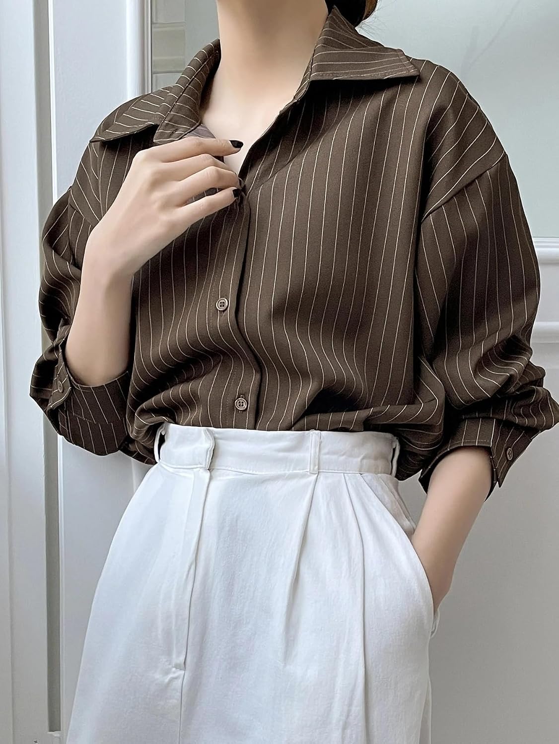 GRECIILOOKS Striped Shirt for Women | Korean Style Full Sleeve Oversized Button Down Shirts | Tops for Women | Shirt for Woman | Plus Size Top for Office & Casual Outfit