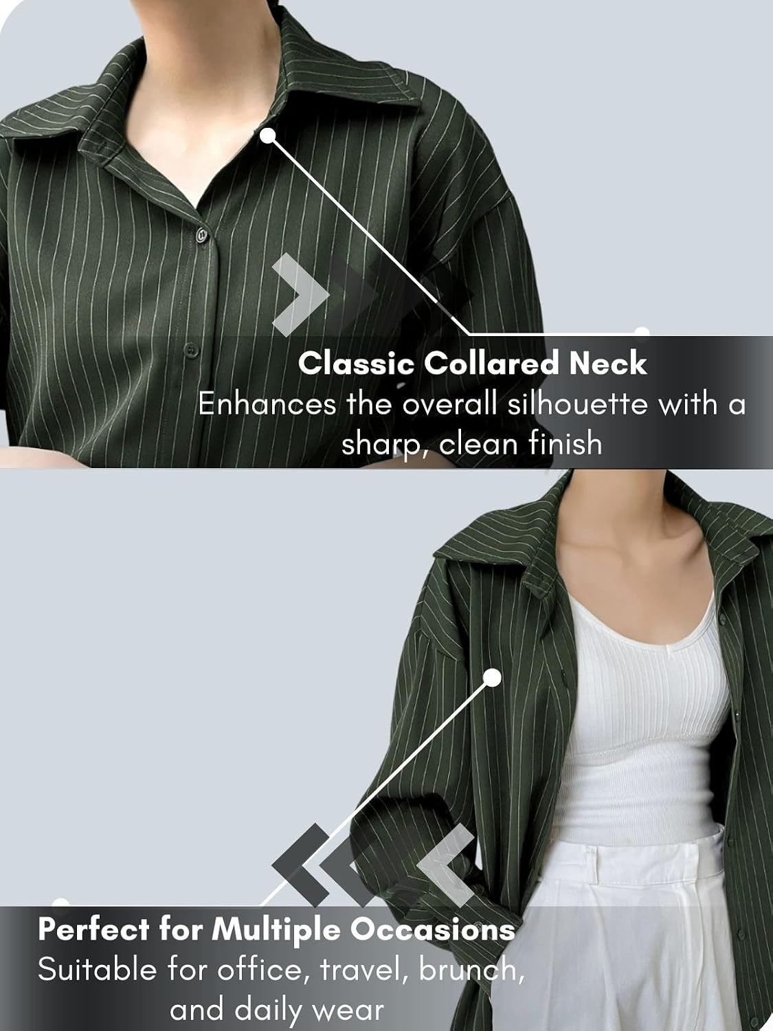 GRECIILOOKS Striped Shirt for Women | Korean Style Full Sleeve Oversized Button Down Shirts | Tops for Women | Shirt for Woman | Plus Size Top for Office & Casual Outfit