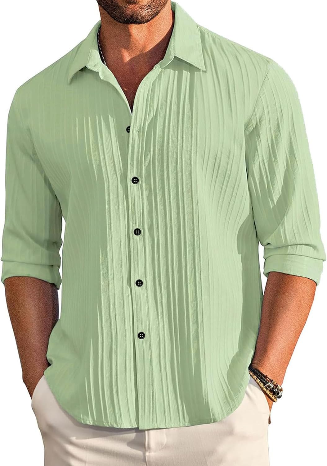 DEELMO Men's Casual Button Down Shirts Long Sleeve Linen Shirt Fashion Textured Beach Summer Shirt