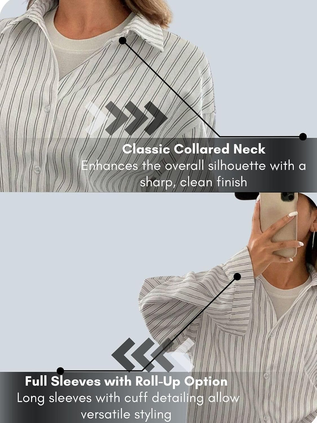GRECIILOOKS Striped Shirt for Women | Korean Style Full Sleeve Oversized Button Down Shirts | Tops for Women | Shirt for Woman | Plus Size Top for Office & Casual Outfit