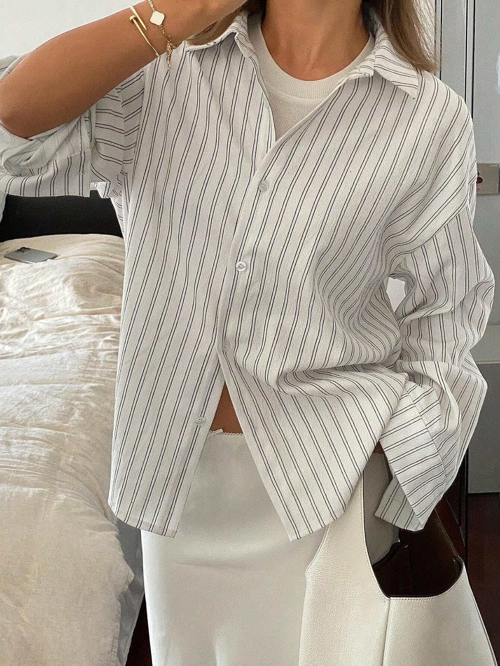GRECIILOOKS Striped Shirt for Women | Korean Style Full Sleeve Oversized Button Down Shirts | Tops for Women | Shirt for Woman | Plus Size Top for Office & Casual Outfit