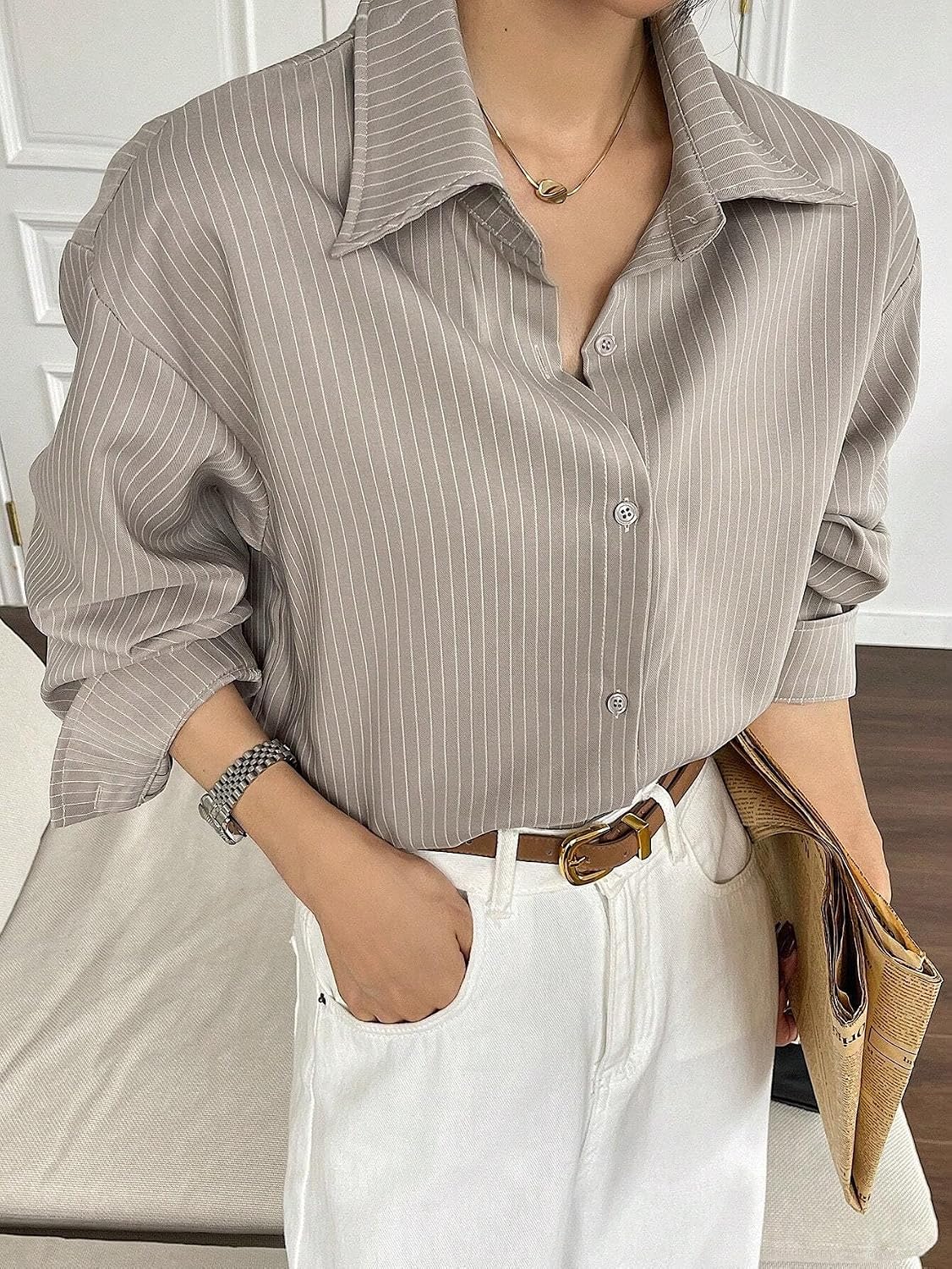GRECIILOOKS Striped Shirt for Women | Korean Style Full Sleeve Oversized Button Down Shirts | Tops for Women | Shirt for Woman | Plus Size Top for Office & Casual Outfit
