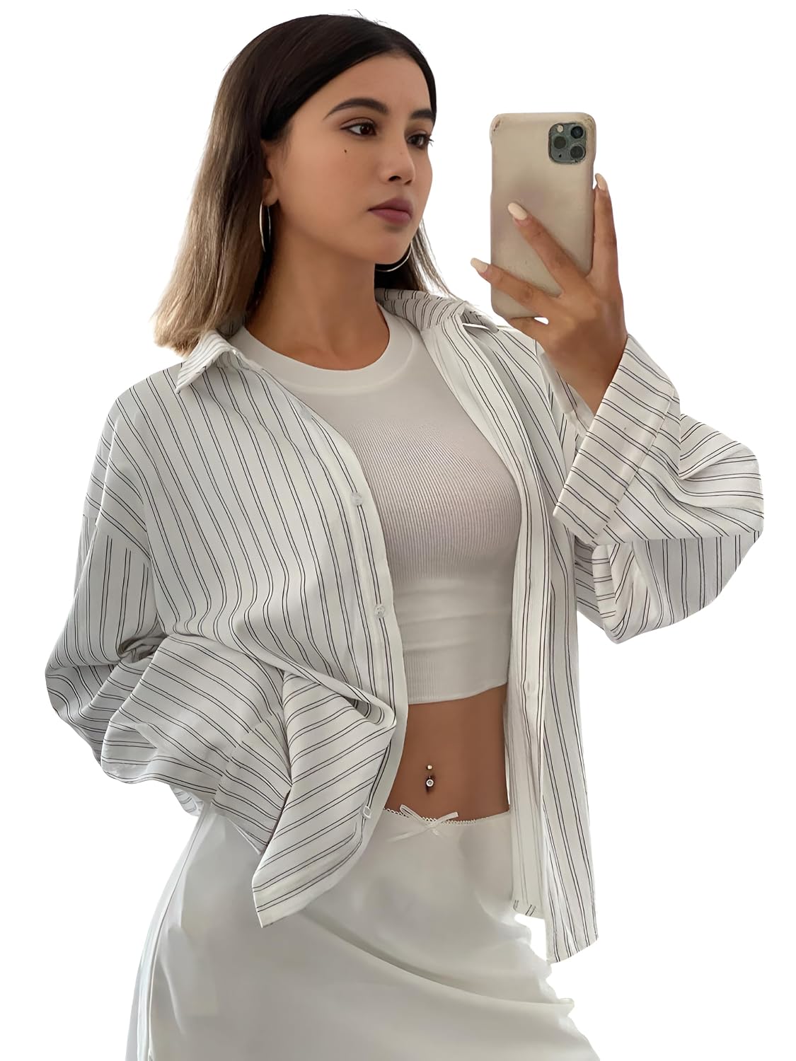 GRECIILOOKS Striped Shirt for Women | Korean Style Full Sleeve Oversized Button Down Shirts | Tops for Women | Shirt for Woman | Plus Size Top for Office & Casual Outfit