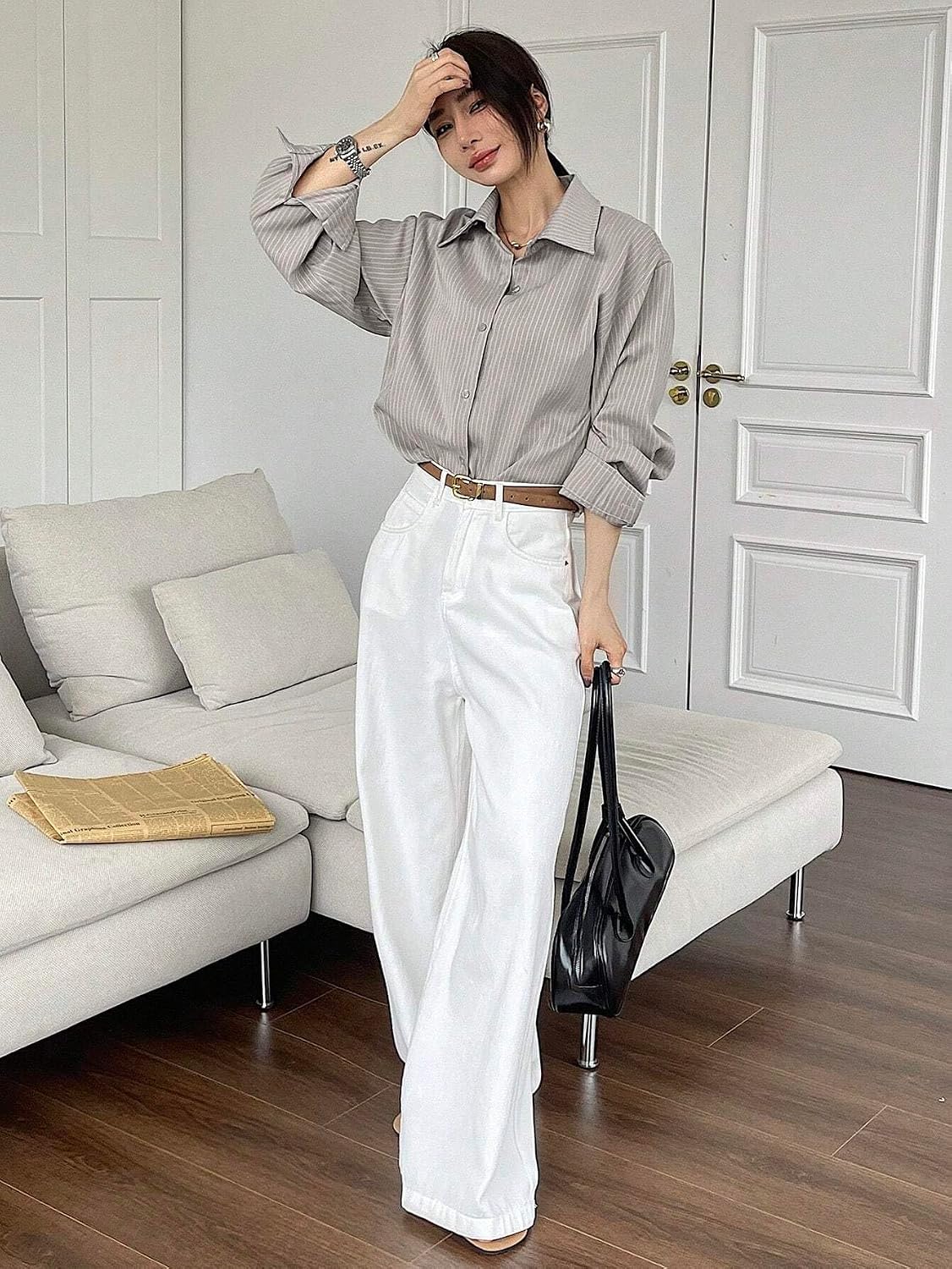 GRECIILOOKS Striped Shirt for Women | Korean Style Full Sleeve Oversized Button Down Shirts | Tops for Women | Shirt for Woman | Plus Size Top for Office & Casual Outfit