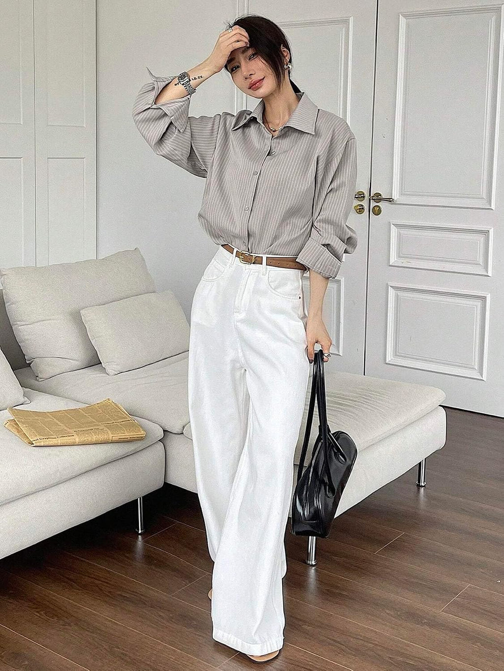 GRECIILOOKS Striped Shirt for Women | Korean Style Full Sleeve Oversized Button Down Shirts | Tops for Women | Shirt for Woman | Plus Size Top for Office & Casual Outfit